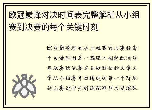 欧冠巅峰对决时间表完整解析从小组赛到决赛的每个关键时刻