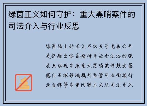 绿茵正义如何守护：重大黑哨案件的司法介入与行业反思