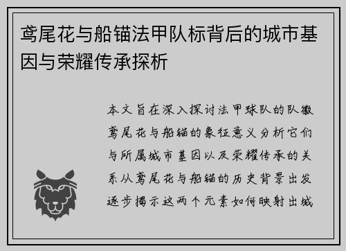 鸢尾花与船锚法甲队标背后的城市基因与荣耀传承探析